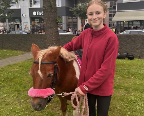 Ponny med skötare, redo för små ponnyryttare